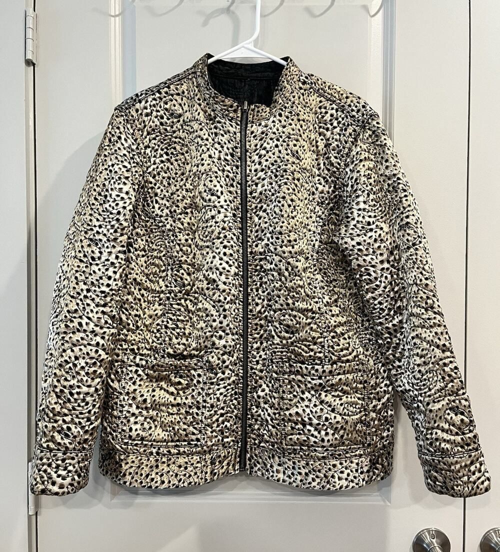 Chico's Reversible Quilted Zip Jacket Leopard Animal Print Pockets Size 3 0091